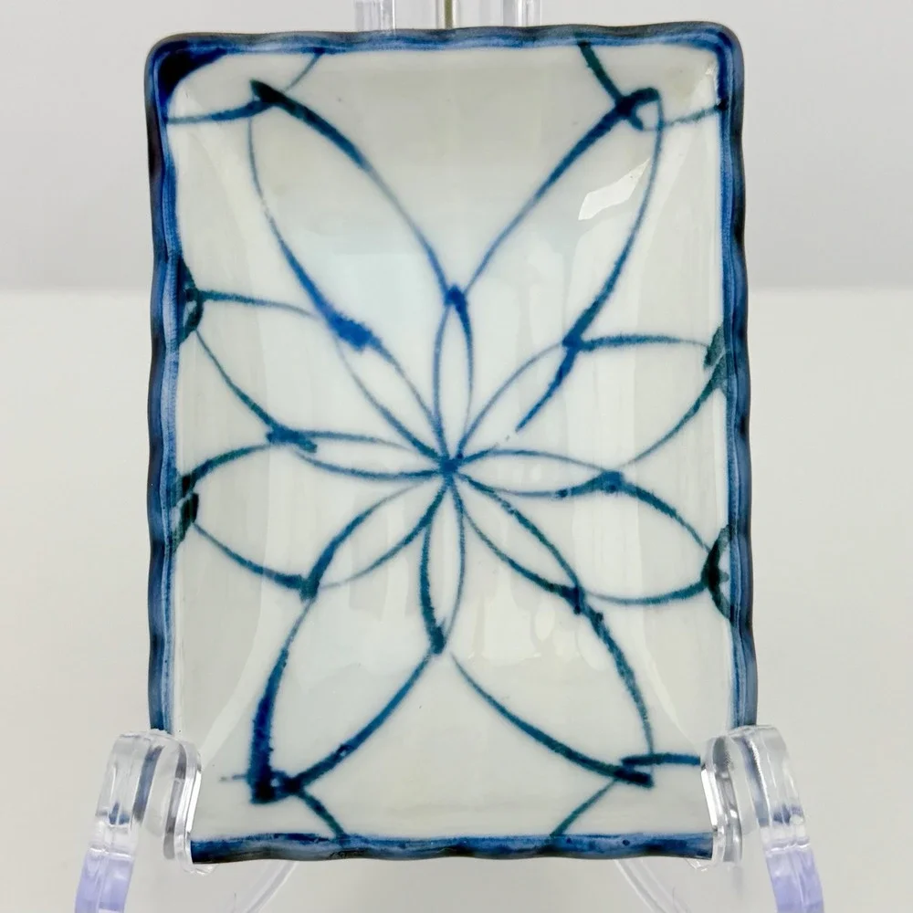 Vintage Japanese Porcelain Sushi Serving Plate Set Blue White Floral Geometric